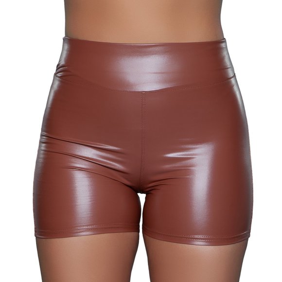 Soft Vinyl High Waisted Shorts - Brown - Picture 1 of 6